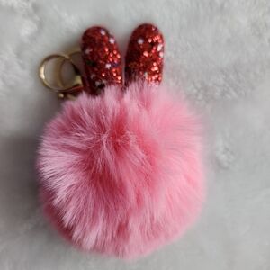 Pink Fluffy Bunny Ears Keychain Bag Charm